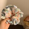 Elegant floral fabric scrunchie with cute bunny pattern and light blue piped edges - Pink Blue Rabbit
