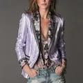 Chic bohemian lavender striped blazer jacket featuring floral lapels and cuff details for women - S / Tops / Purple Striped