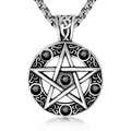 Close-up of vintage stainless steel pentagram pendant necklace featuring Celtic pattern - Black