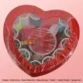 Red heart-shaped household sewing kit featuring 12 thread spools and assorted repair tools. - 1860 Heart Sewing Box (12 Threads + Accessories)