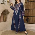 Grande taille robe longue rétro de style ethnique à manches longues bleu marine. - 0XL / Hauts / Bleu Marine