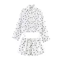 Stylish white and black polka dot long sleeve button-up jacket and matching shorts set - XS / Set / White
