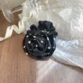 Retro black polka dot rose flower scrunchie with satin texture for ponytail - Rose Shape Style / Black Polka Dot