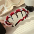 Elegant burgundy velvet wavy headband with sparkling rhinestones for retro hair style - Red velvet rhinestones