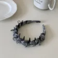 Handmade grey fabric-wrapped headband with black spikes and beaded accents for women - Gray crystal bow