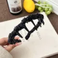Elegant black beaded headband with teeth for fluffy high cranial top hair styling SKU - Black cloth black diamond model