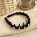 Elegant black fluffy resin headband with pearls and spikes for a high cranial top look - Black small fragrance style rhinestone style