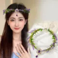 Elegante corona di fiori di lavanda viola con ciondolo gemma per acconciatura da principessa - Vintage Gem Lavender Style (8#)