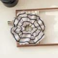 Vintage beige and blue striped pleated fabric scrunchie hair tie for elegant styling - Striped Label Ornament Style / Beige/Blue