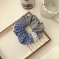 Vintage blue plaid and gray fabric scrunchie with lace trim for hair styling. - Scrunchie