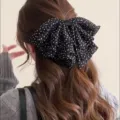 Pince à cheveux nœud noir à pois blancs triple couche élégante pour queue de cheval - Pince Queue de Cheval Nœud à Pois / Noir