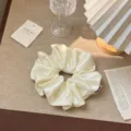 Cream white French retro satin hair scrunchie with high elasticity silk texture - White