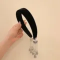 Serre-tête élégant en velours noir avec glands ethniques argentés et pendentifs carillon - Double-Sided Ear-Hanging Silver Tassels / Noir