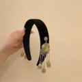 Serre-tête en velours noir de style chinois avec de jolis glands ethniques pour femmes - Rond Doré des Deux Côtés / Noir