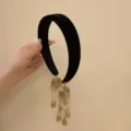 Serre-tête élégant en velours noir avec glands de carillon doré style ethnique - Double-Sided Ear-Hanging Round Gold / Noir