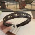 Elegant brown braided leather headband with gold chain accents for high cranial top - Red Brown