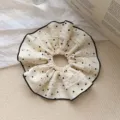 Large cream-colored lace scrunchie with black polka dots in a delicate Korean style design - Small Polka Dot Lace Style / Off White