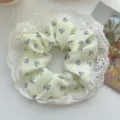 Korean style light yellow floral scrunchie with elegant white lace trim detail - Green Floral with Lace Edge