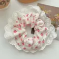Korean style floral print hair scrunchie with delicate white lace edging accessory - Pink Peach Blossom Lace Edge
