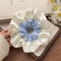 Large oversized white satin and blue striped double layer ruffled scrunchie hair tie accessory - Blue and White Striped Double Layer Skirt Style / Blue/White