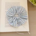 Blue and white striped lace hair scrunchie with oversized design and ribbon bow detail - Blue Striped Bow Ornament Style / Blue