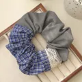 Stylish Korean style grey and blue plaid fabric scrunchie with elegant lace detail - Gray-Blue Grid Contrast Color