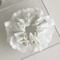 Korean style checkered scrunchie with lace trim and bow accent for elegant hair styling - White Color Stripe Grid Lace Edge
