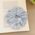 Blue striped oversized lace scrunchie with silver heart charm and ruffled edge. - Blue Striped Metal Heart Style / Blue