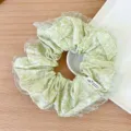 Korean style light green floral scrunchie with white lace trim and handmade fabric tag - Floral Style / Fresh Green