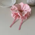 Elegant pink four-layer lace scrunchie hair tie with adjustable drawstring ribbon - Oversized / Pink