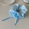 Elegant light blue four-layer lace scrunchie with a delicate satin ribbon bow tie - Oversized / Blue