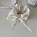 Elegant cream four-layer lace eyelet scrunchie hair tie with adjustable ribbon - Oversized / Beige