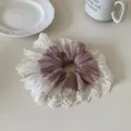 Elegant mauve lace scrunchie with adjustable drawstring and white floral embroidery - Pink Purple Patchwork Lace