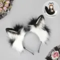 Black and white plush animal ears headband and tail set for anime cosplay and conventions. - Animal-Like Alaskan Ears / Black
