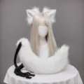 White faux fur fox ears and tail cosplay set with adjustable strap for Halloween party. - One Size / White