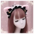 Lindo cintillo de orejas de gato Lolita japonés con peluche, encaje y lazos para cosplay. - Rosa y Negro