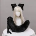 Black faux fur cat fox ears headband and fluffy tail cosplay costume set for anime parties. - One Size / Black