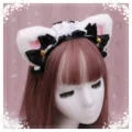 Bonita diadema de orejas de gato Lolita japonés con felpa, lazos negros y campanillas. - Blanco y Rosa con Cinta Negra