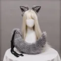 Grey plush cat fox ears and tail cosplay set with adjustable strap for anime party. - One Size / Gray