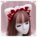Diadema de orejas de gato Lolita blanco peluche lazo rojo encaje cascabeles estilo kawaii - Blanco y Rosa con Cinta Burdeos