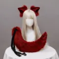 Faux fur fox ears headband and tail cosplay costume set in wine red color variant. - One Size / Burgundy