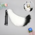 Plush cosplay fox tail variant in white and black, handmade fluffy wolf tail with adjustable strap. - Phantom Moon Fox Tail - White & Black