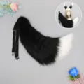 Black and white plush faux fur fox tail cosplay accessory with adjustable strap for party. - Phantom Moon Fox Tail - Black & White