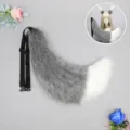 Faux fur fox tail cosplay prop in heather gray white, fluffy animal tail with adjustable strap. - Phantom Moon Fox Tail - Heather Gray & White