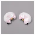 Lindas horquillas de felpa Lolita con orejas de gato, lazos y campanitas lindo detalle. - Pinzas para el pelo de orejas de oso 03 - Blanco y rosa