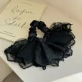 Elegant black four-layer lace ruffle scrunchie hair tie for stylish women accessories - Black Large Ruffle