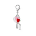 Detailed macro view of silver lobster clasp charm with three colorful enamel hearts - Three-Color Heart Balloons Style (LXK-DGB1315) / 1 Piece