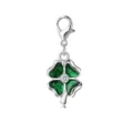 Detailed view of a silver-toned lobster clasp charm featuring a green four-leaf clover. - Green Four Leaf Clover Shape (LXK-DGB379) / 1 Piece