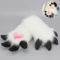 Fluffy White Black Animal Paws Cosplay Gloves Fursuit Costume Accessories Cute Soft Paws - Furry Dragon Lizard Paws - White & Black