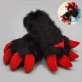 Handmade cosplay furry monster paws gloves plush animal claw prop for comic convention party - Furry Dragon Lizard Paws - Black & Red